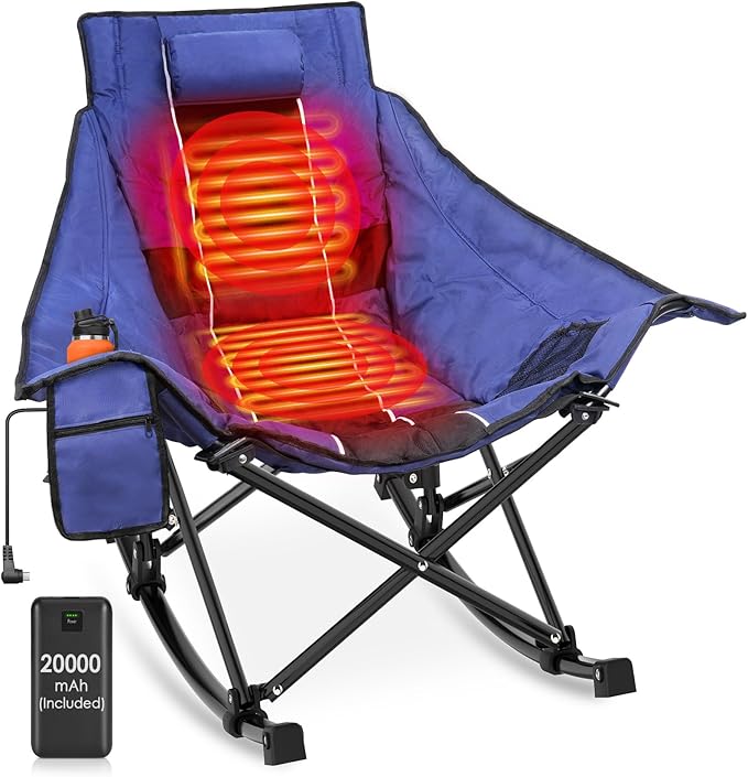 Suteck Heated Rocking Camping Chair - Oversized Heated Camping Chair W/20000mAh Power Bank & Carry Bag, Fully Padded Heated Chairs for Outdoor Sports W/3 Heat Levels for Back & Seat, Lawn Picnic Patio