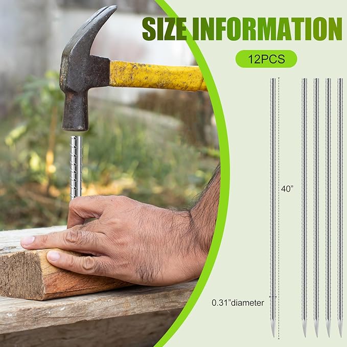 Gisafai 12 Pcs 40 Inch Ground Rebar Stakes Heavy Duty Ground Anchors Steel Plant Support Garden Stake Long Straight Metal Spikes with Chisel Point End for Concrete Timber Garden Plant Tent