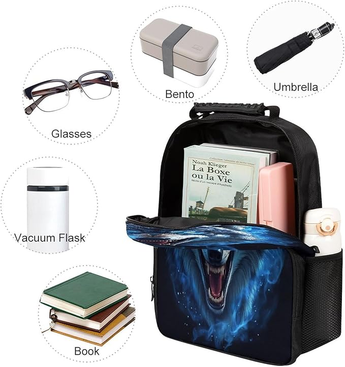 Men Women Polyester Blue Fire Flame Wolf Daypack Big Capacity Shoulder Bag With Smooth Zippers for Hiking Work Walking Cycling