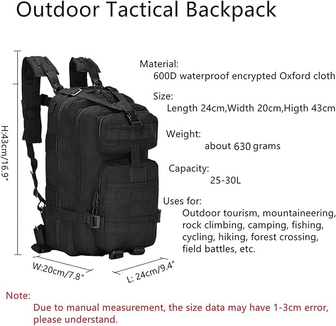 Lawaia Small Tactical Backpack Military Survival Molle Army Go Bag Hunting Gym Rucking Hiking Camping Motorcycle Rucksack With Weights for Men and Women 30L (Black)