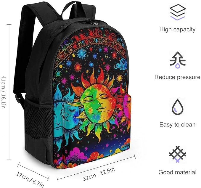 Supdreamc Men Women Polyester Mandala Triple Sun Hippie Trippy Psychedelic Boho Art Daypack Bookbag Big Capacity Shoulder Bag With Padded Straps for Climbing Travel Walking Cycling