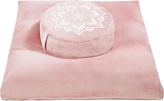 Meditation Zafu Cushion Set with Buckwheat Hulls & Memory Foam - Ergonomic Support for Yoga & Sitting - Removable Machine-Washable Luxury Velvet Cover - for Adults and Kids (Pink)