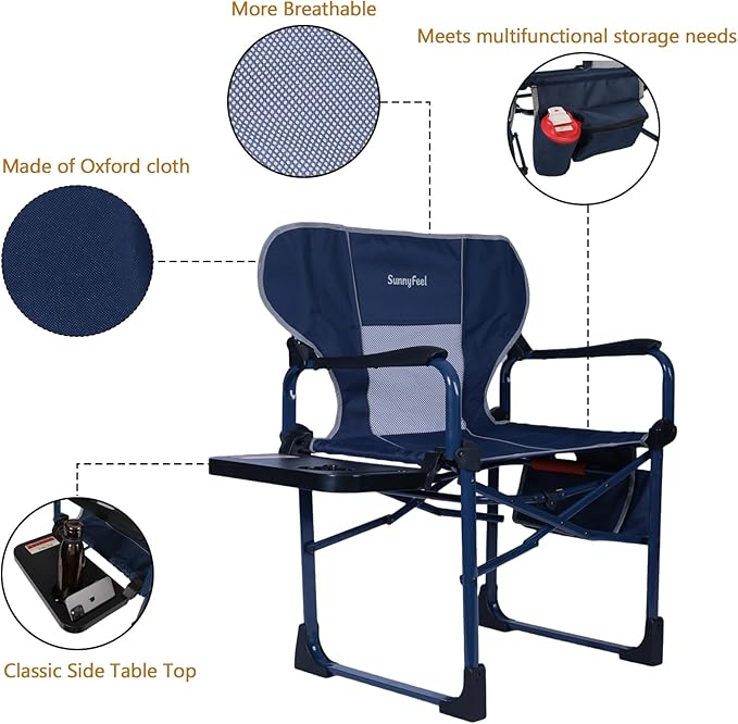 SUNNYFEEL Camping Directors Chair Set of 2 Aluminum Oversized Portable Folding Chair with Side Pocket and Adjustable Side Table for Beach, Fishing, Trip, Picnic, Lawn, Outdoor Foldable Camp Chairs