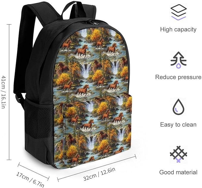 Men Women Lightweight Fall Leaves Running River Waters Wild Horse Backpack Large Capacity Carry On Bag With Padded Straps for Sports Work Walking Cycling