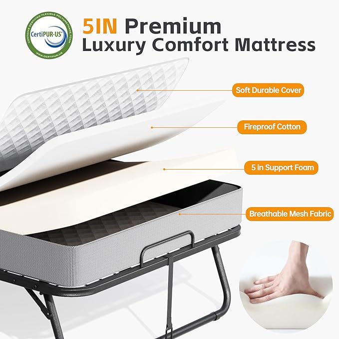INTERGREAT Folding Bed with Mattress, Roll Away Beds with Mattress for Adults, Single Cot Foldable Rollaway Beds, 75" x 31" Portable Bed for Easy Storage, Strong Frame for Guest Room, Small Apartment
