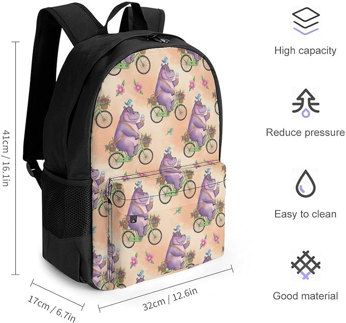 Adults Lightweight Hippo Hippopotamus On Bike Shoulder Book Bags Big Capacity Shoulder Bag With Adjustable Shoulder Straps for Trekking Work Walking Cycling