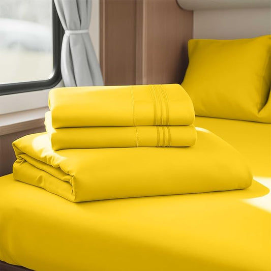 Hearth & Harbor Short Queen Sheets for RV, Yellow RV Queen Sheets, Silky Soft 1800 Microfiber Bed Sheet for Camper, 4 Piece RV Bedding with Pillowcases