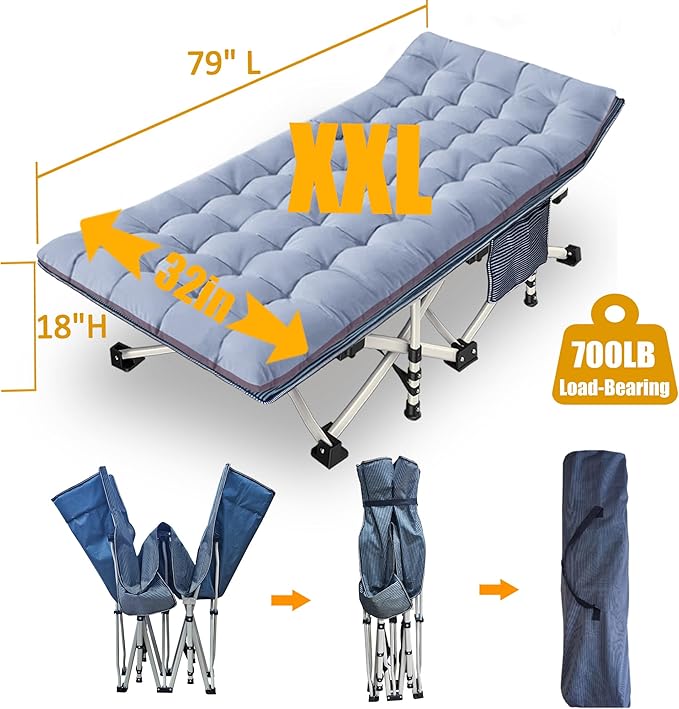 2 Pack 79" L x 32" W x 18" H Oversize XXL Camping Cot with Comfortable Mattress for Adults Extra Wide Cots for Sleeping Heavy Duty Folding Cot Camping Bed with Carry Bag for Home Office Outdoor