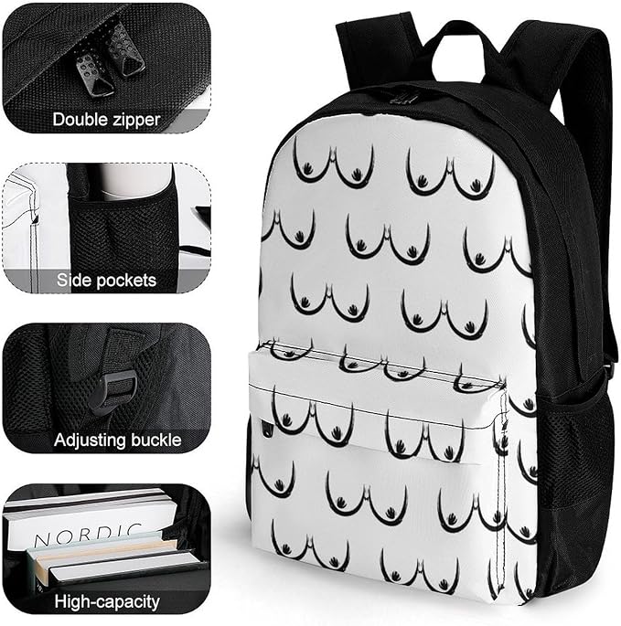 Shoulder Book Bags Polyester Multipurpose Anti-Theft Boobs Breasts Pattern Print White Carry On Bag Large Capacity Travel Hiking Camping Rucksack