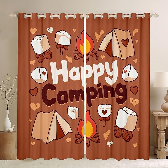 Erosebridal Camper Window Curtains 42" Wx84 L Happy Camping Blackout Curtains for Bedroom Living Room,Camping Tent Window Treatments Adventure Campfire Marshmallows Drapes Decor 2 Panels