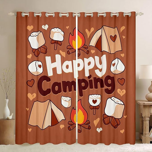 Erosebridal Camper Window Curtains 42" Wx90 L Happy Camping Blackout Curtains for Bedroom Living Room,Camping Tent Window Treatments Adventure Campfire Marshmallows Drapes Decor 2 Panels