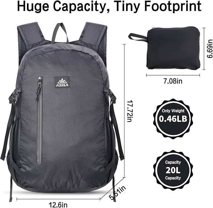20L Packable Backpack Lightweight Waterproof Foldable Daypack Hiking Daypack for Men Women Reusable Packable Bag Outdoor Camping Hiking Travel Cycling (Black)