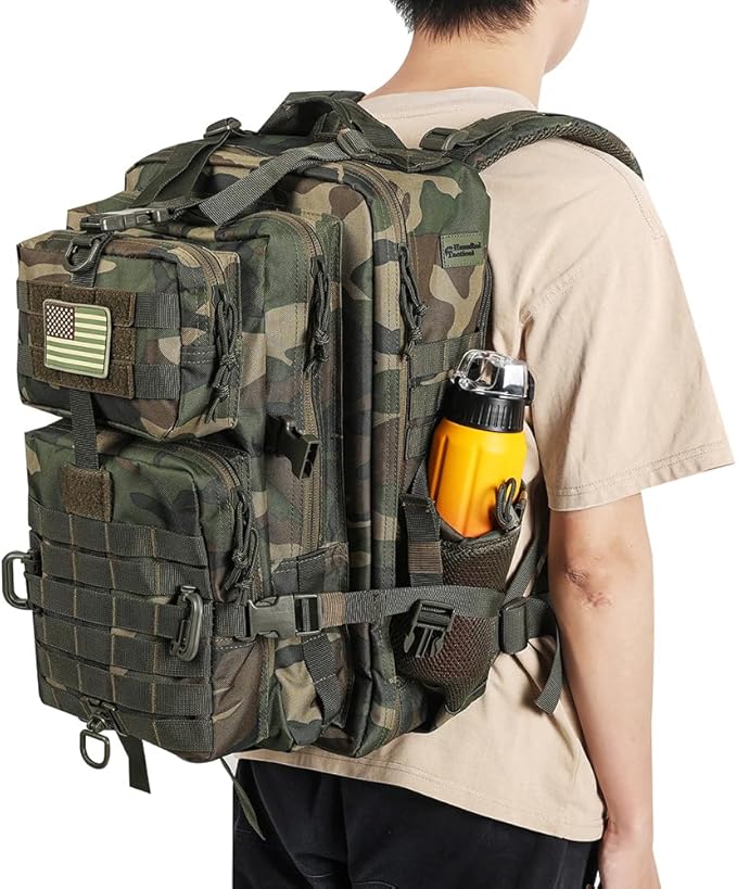 45L MOLLE Assault Backpack, Tactical Backpack Military Army Camping Rucksack with Bottle Holder, 3-Day Pack Trip w/USA Flag Patch, D-Rings, US Woodland