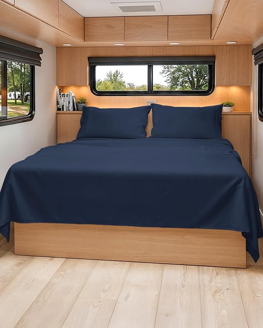 Short Queen Size 4 Piece Sheet Set - RV Short Queen, Soft, Breathable & Cooling Bed Sheets Set w/ Deep Pockets - Hotel Luxury Bedding for Women, Men, Kids, Teens, Boys & Girls - Oeko-Tex - Navy Blue