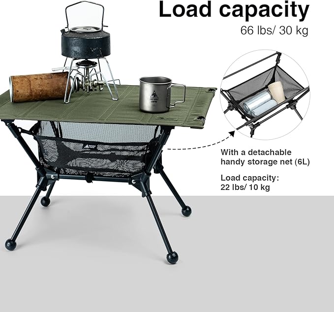 ONETIGRIS Dipper Camping Table, Lightweight Portable Folding Table with Mesh Storage Net, High/Low Options, Ideal for Camping, Hiking, Tailgating, Beach, Picnic, Travel, Backyard