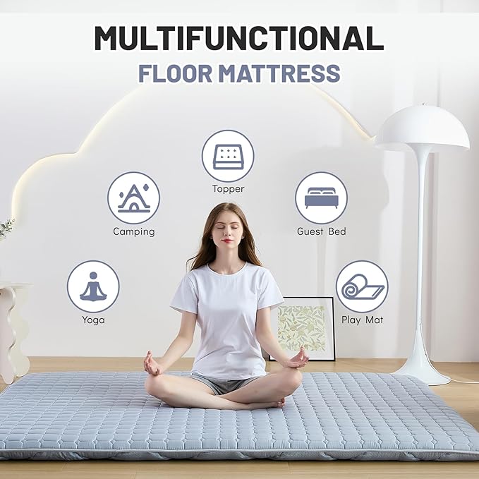 Japanese Floor Mattress Queen, Anti-Slip Japanese Futon Roll Up Tatami Mat for Guests, Grey