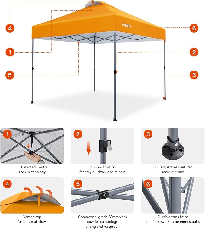 Amada 10x10 Pop Up Canopy - Center Lock One Push Instant Setup Gazebo Outdoor Canopy Beach Tent with STO-N-Go Bag 8 Stakes & 4 Sand Bags, 3-Height Adjustable Shade Shelter (10x10ft, Orange)
