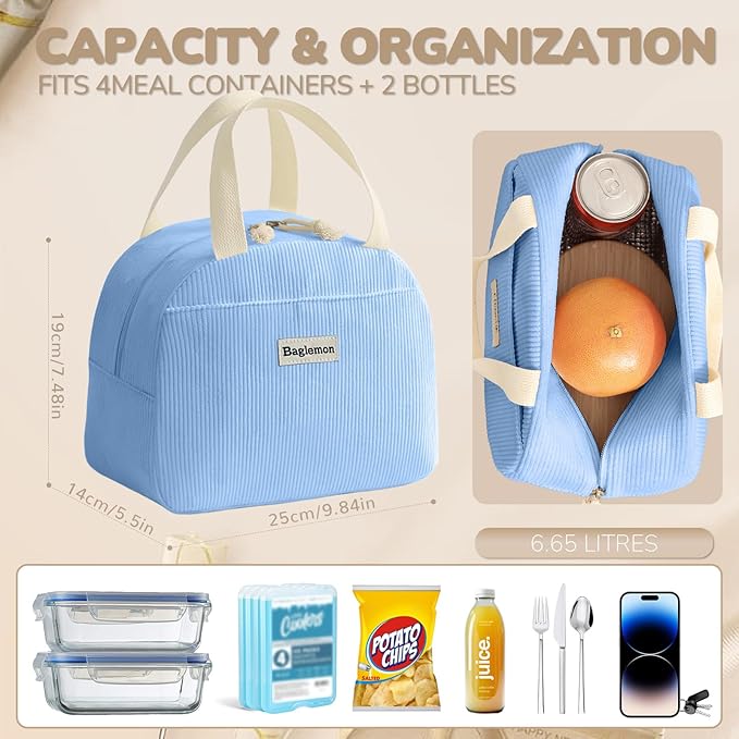 Lunch Bag for Women Men Cute Corduroy Lunch Tote Bags Reusable Insulated Lunch Box Large Capacity Reusable Insulated Cooler for Work/Picnic/Travel (Corduroy Light Blue)