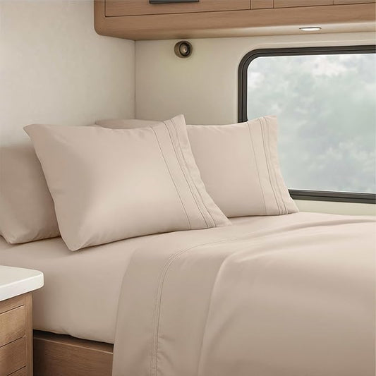 Clara Clark RV Queen Sheets, 6 Piece RV Sheets Set - Hotel Luxury Sheets for RV Bunks, Super Soft Bedding Set, Short Queen,Beige Cream