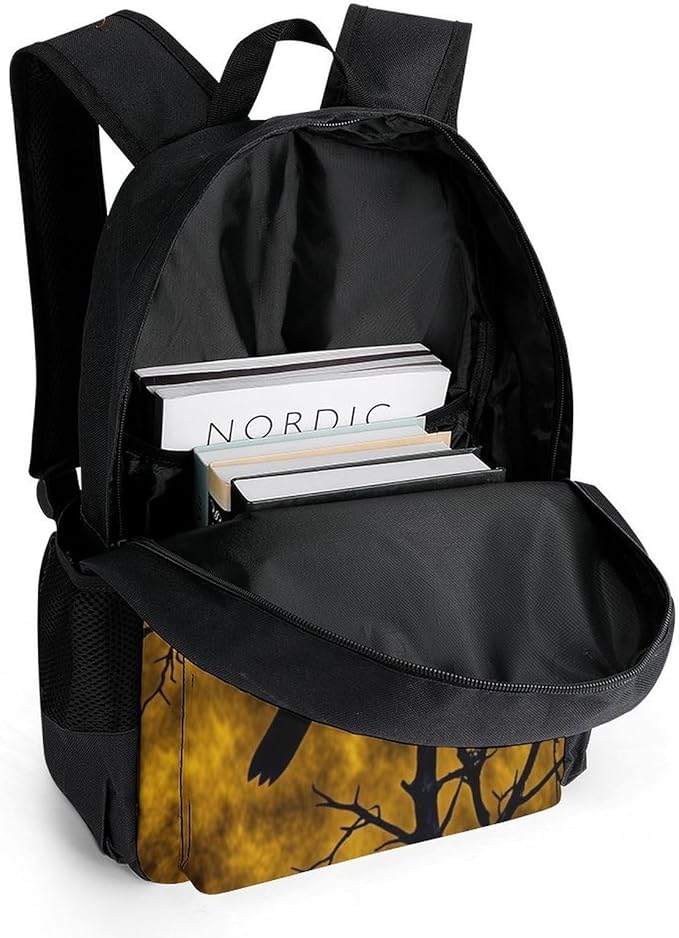 Men Women Polyester Halloween Raven Moonlight Moon Night Daypack Backpack Large Capacity Carry On Bag With Smooth Zippers for Hiking Picnic Walking Cycling