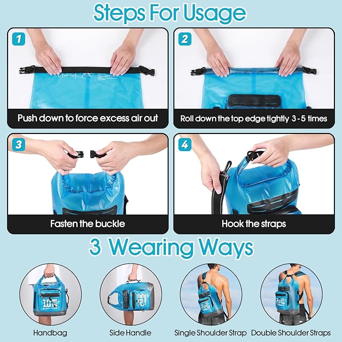 Dry Bag Waterproof,5L/10L/20L/30L Roll Top Dry Bag Backpack with WaterProof Phone Case for Swim,Kayak(Transparent Blue 10L)