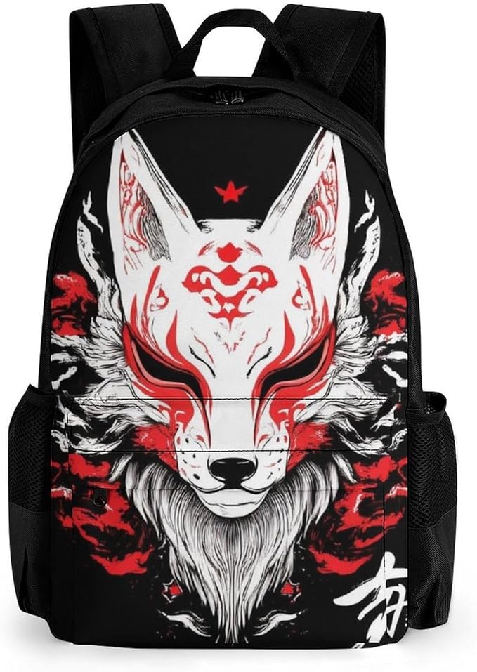 Polyester Daypack for Hiking Work Running, Big Capacity Anti-Theft Multipurpose Shoulder Bag, Japanese Kitsune Mask Fox Art Travel and Sport Backpack Rucksack