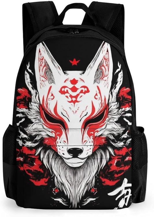 Polyester Daypack for Hiking Work Running, Big Capacity Anti-Theft Multipurpose Shoulder Bag, Japanese Kitsune Mask Fox Art Travel and Sport Backpack Rucksack