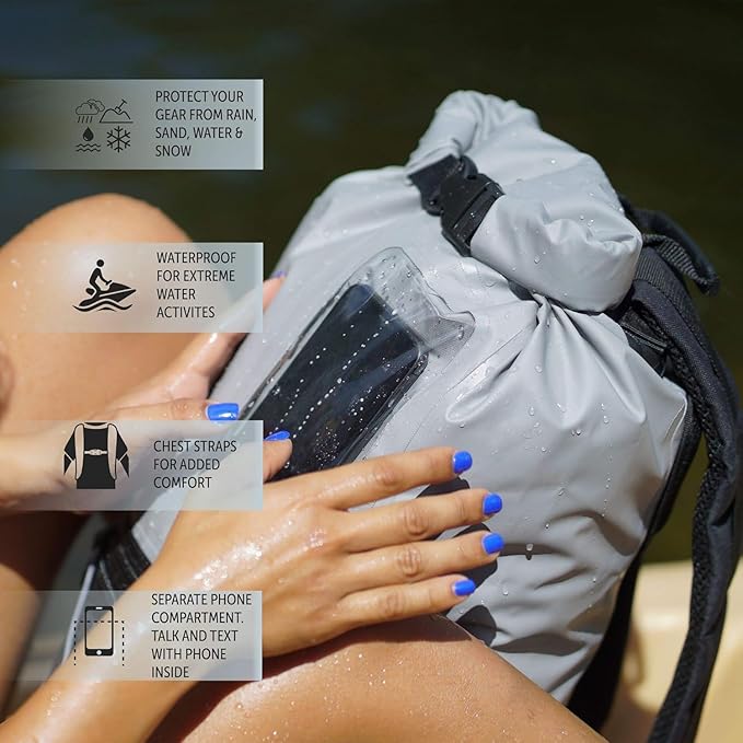 geckobrands Hydroner 20L Waterproof Dry Bag Backpack – Lightweight Roll-Top Bag with Clear Phone Pouch for Outdoor Activities