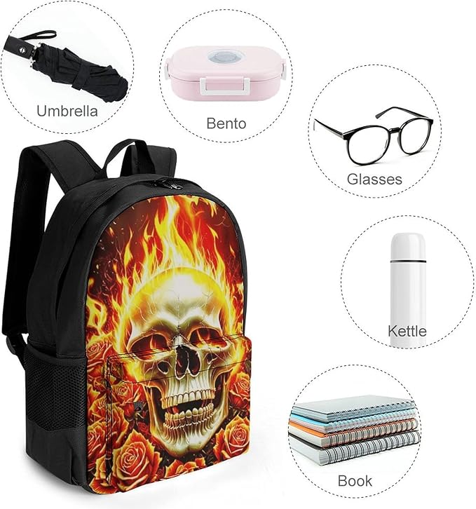 Lightweight Rucksacks for Camping Picnic Walking Cycling, Large Capacity Multipurpose Anti-Theft Carry On Bag, Skull Rose Fire Travel Hiking Camping Rucksack