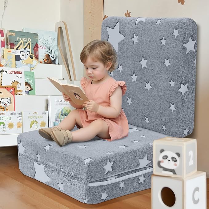 MeMoreCool Foldable Floor Mattress for Kids, Glow Star Trifold Mat, Kids Folding Mattress Portable Futon, 75x25 Inch Grey