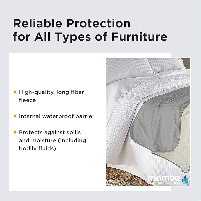 Mambe Silky Waterproof Throw for Protecting Furniture Bed Couch from Stains Caused by Dogs, Cats, Incontinence. Soft, Washable, Reversible. (Size Medium 70x70 inches, Color Buff/Dove)