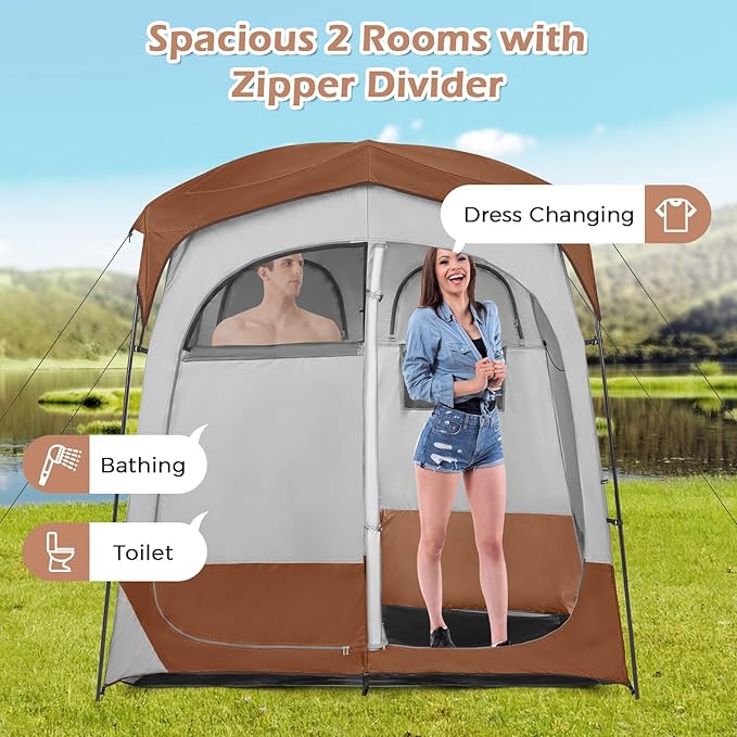 Goplus 2 Room Shower Tent, Portable Camping Changing Shelter with Floor Drain,Detachable Rain Fly, Stakes & Ropes, UV Protection, Water Resistant Privacy Tent for Outdoor Toilet, Dressing (Coffe)