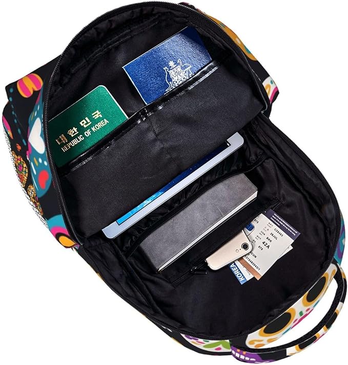 Men Women Polyester Mexican Sugar Skulls Backpack Large Capacity Bookbag With Smooth Zippers for Climbing Picnic Bicycle