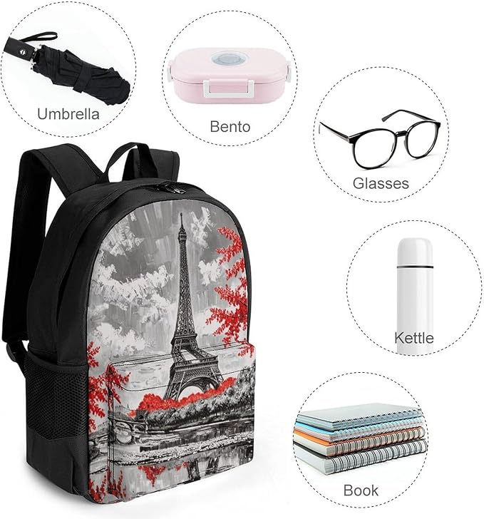 Supdreamc Rucksacks Lightweight Multipurpose Anti-Theft Oil Painting Paris European City Landscape France Eiffel Tower Shoulder Bag Big Capacity Traveling Camping Backpack With Side Pockets