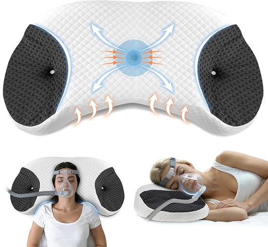 CPAP Pillow for Side & Back Sleepers - Mask Compatible Contour Design to Reduce Leaks, Breathable Memory Foam Pillow with Ergonomic Support & Hose-Friendly Cutouts for Comfortable Sleep, Black