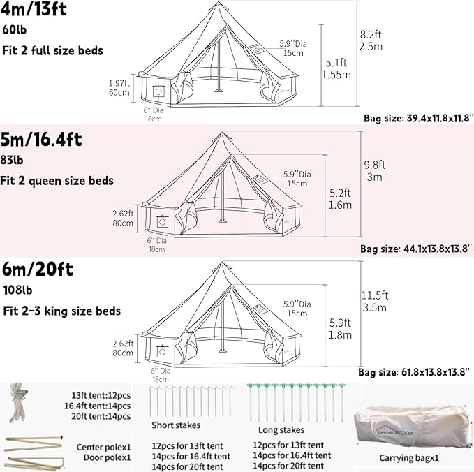 DANCHEL OUTDOOR 4 Season Canvas Bell Tent with Rain Fly Stove Jack, Footprint for 6 Person Family Camping Yurts Glamping, 5m/16.4ft