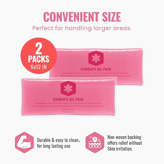 ICEWRAPS 6"x12" Flexible Gel Reusable Ice Packs for Injuries, After Surgery and Pain Relief | Neck, Knee, Hip, Back and Shoulder | Hot Cold Compress Swelling | 2 in a Pack, Pink