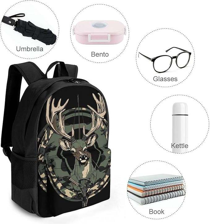 Supdreamc Rucksack Anti-Theft Multipurpose Large Capacity Carry On Bag, Camouflage American Flag Hunting Camo Deer Black Travel Hiking Bag Day Pack With Side Pockets