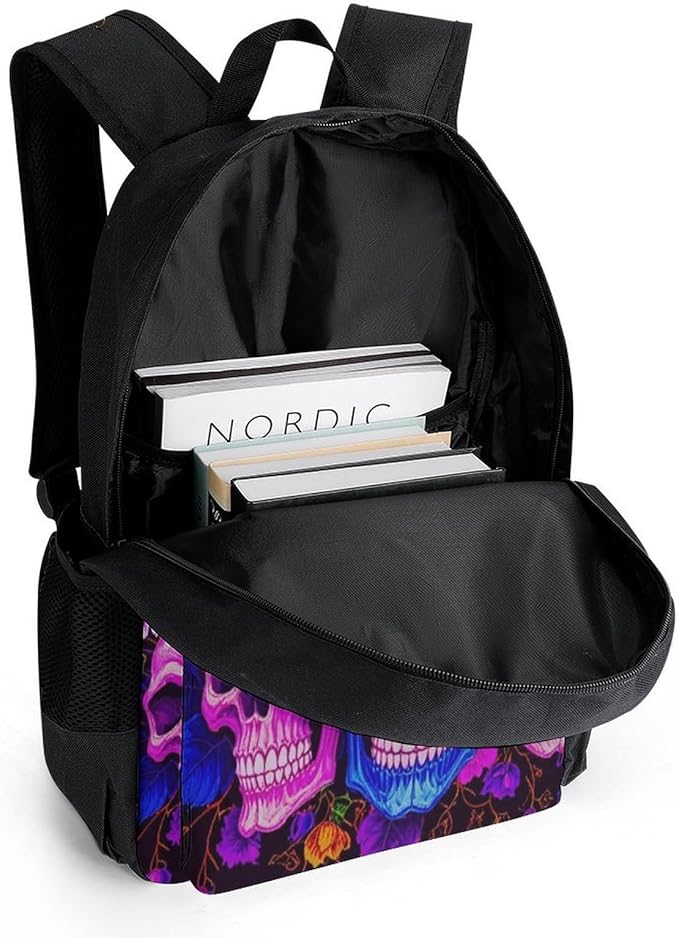 Lightweight Backpack for Gym Travel Bicycle, Big Capacity Multipurpose Anti-Theft Carry On Bag, Purple Psychedelic Mexican Sugar Skulls Day Of The Dead Floral Flowers Travel Hiking Bag Day Pack