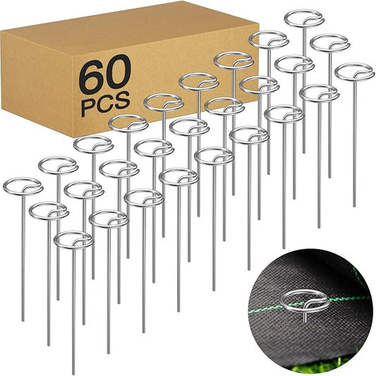 60 Pcs 6-Inch Heavy-Duty Galvanized Landscape Staples – Thickened 8 Gauge Circle Top Pins, Rust-Resistant for Weed Barrier, Landscape Fabric, and Garden Projects