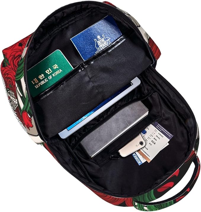 Men Women Polyester Skull Red And Green Hair Art Daypack Big Capacity Shoulder Bag With Smooth Zippers for Hiking Work Walking Cycling