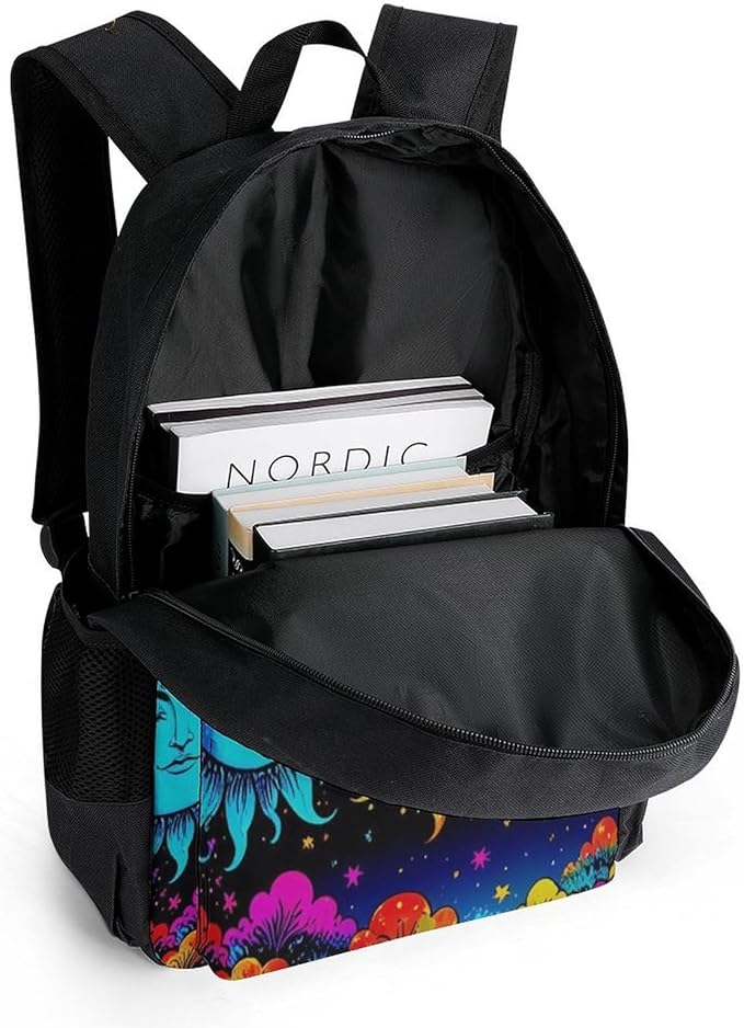 Supdreamc Men Women Polyester Mandala Triple Sun Hippie Trippy Psychedelic Boho Art Daypack Bookbag Big Capacity Shoulder Bag With Padded Straps for Climbing Travel Walking Cycling