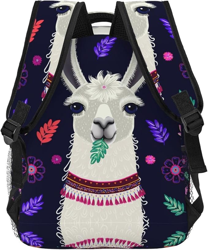 Backpack Polyester Anti-Theft Multipurpose Llama Alpaca Flower Leaves Art Bookbag Large Capacity Laptop Book Bag Rucksack With Side Pockets
