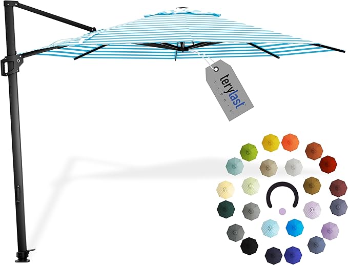 Midtown Umbrellas 10 Ft Outdoor Cantilever Patio Umbrella w/Terylast Cobalt Stripes Fabric - Tilt 360° Offset Patio Umbrella, Deck Patio Umbrella, Backyard Umbrella & Garden Umbrella - Black Frame