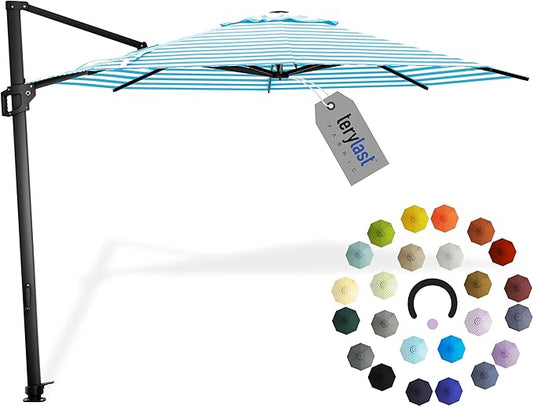 Midtown Umbrellas 10 Ft Outdoor Cantilever Patio Umbrella w/Terylast Cobalt Stripes Fabric - Tilt 360° Offset Patio Umbrella, Deck Patio Umbrella, Backyard Umbrella & Garden Umbrella - Black Frame