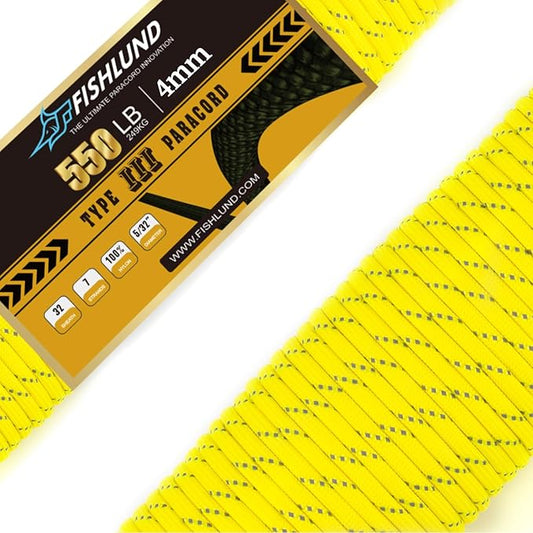 Reflective Paracord 550 lb, 7 Strand Paracord Rope 50ft 4mm, Nylon Parachute Cord for Camping, Neon Yellow