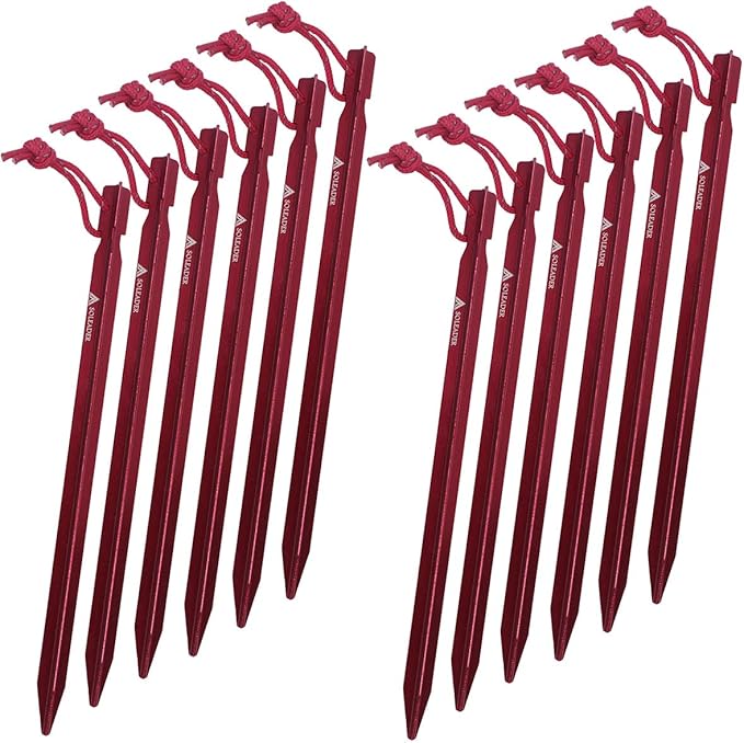 SOLEADER 12 Pieces Tent Pegs Heavy Duty, 9 Inch Y-Shaped Metal Aluminium Alloy Camping Tent Stake Nail with Reflective Rope for Camping, Outdoor, Beach, Hiking