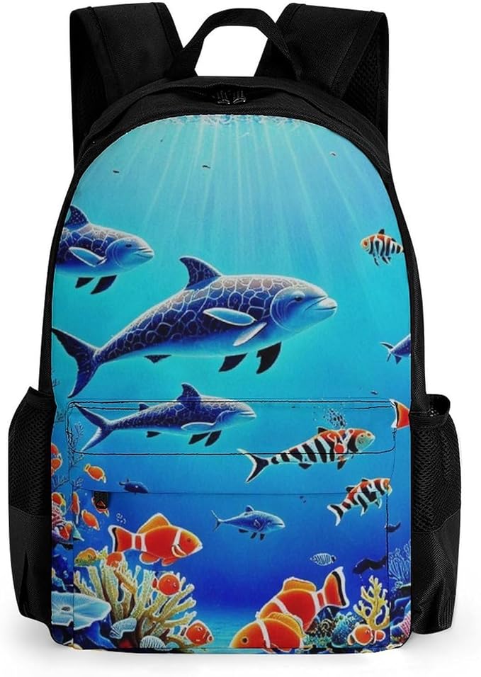 Rucksacks Multipurpose Anti-Theft Big Capacity Bookbag, Colorful Sea Ocean World Dolphin Tropical Fishes Coral Travel Hiking Camping Rucksack With Padded Straps