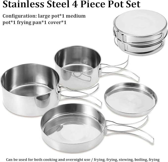 Camping Pots Pans, 4Pcs Portable Foldable Stainless Steel Combination Pot Cookware Set Camping Kitchenware Picnic Outdoor Pan Pot Plate Tableware Backpacking Gear for Camping Hiking Picnic