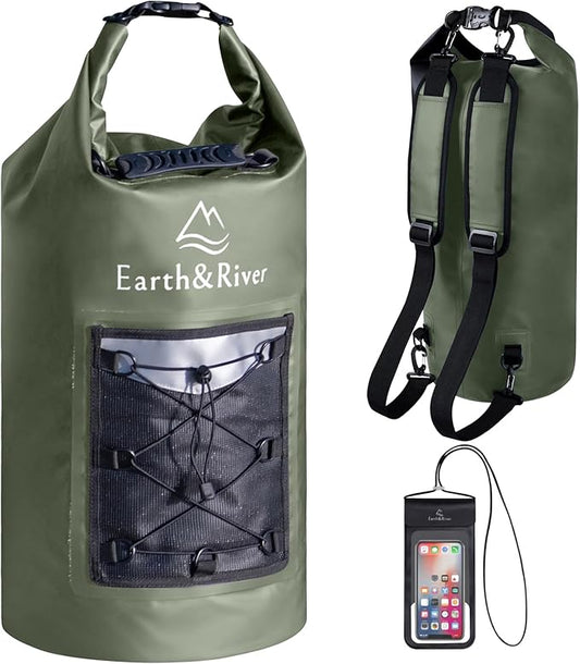 EARTH&RIVER Premium Dry Bag Backpack, Extra Thick, Protection for All Water Activities & Camping, Floating Lightweight Dry Bag with Inside Pocket Storage & IPX8 Waterproof Phone Case (Army Green, 20L)